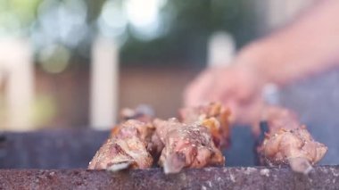 Kuzu şiş kebap ateşte kızartılmış. Yüksek kaliteli FullHD görüntüler