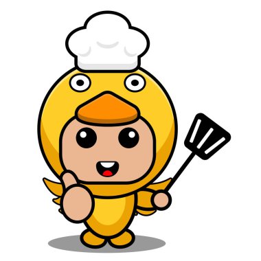 Çizgi film karakteri maskot kostümlü kümes hayvanı tavuğunun vektör çizimi. Elinde spatula tutuyordu ve şef şapkası takıyordu.