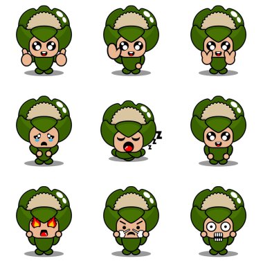 Çizgi film karakteri çizimi karnabahar maskotu kostüm vektörü şirin ifade seti