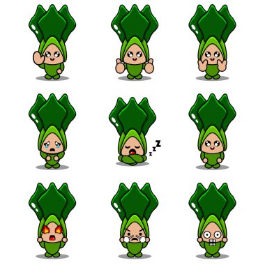 Çizgi film karakteri çizimi marul maskotu kostüm vektörü şirin ifade seti