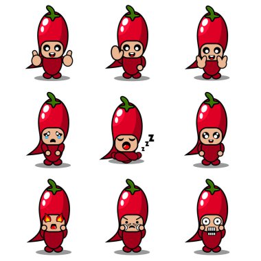 Çizgi film karakteri çizimi kırmızı biber maskotu kostüm vektörü şirin ifade seti
