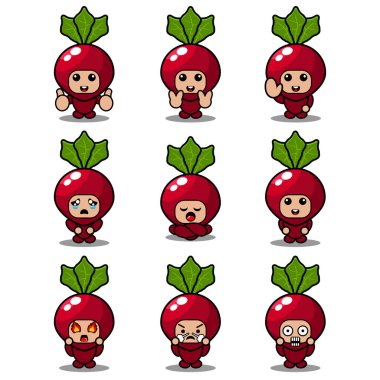 turp maskotu kostüm vektörü çizgi film karakteri çizimi sevimli ifade seti