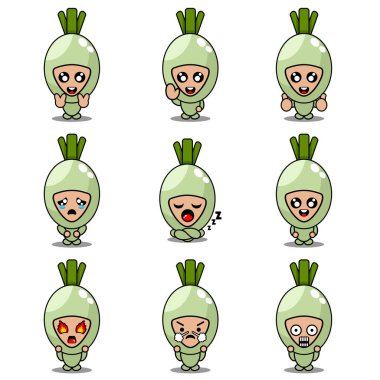 taze soğan maskotu kostüm vektör çizgi film karakteri çizimi şirin ifade seti