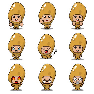 Patates maskotu kostüm vektörü karakter çizimi sevimli ifade seti