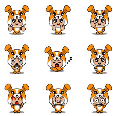 Maskot kostüm paketi çizgi film köpek karakter vektör çizimi