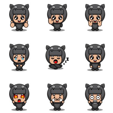 Maskot kostüm demeti, hipopotam çizgi film karakteri çizimi çizimi