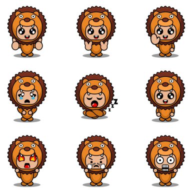 Maskot kostüm demeti aslan çizgi film karakter çizimi illüstrasyonu
