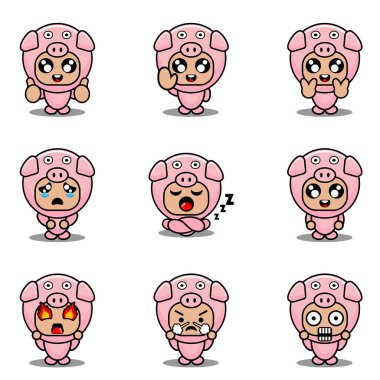 Maskot kostüm paketi domuz çizgi film karakter çizimi illüstrasyonu