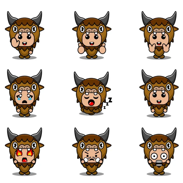 Búfalo Personaje Dibujos Animados Ilustración Vector Mascota Traje Paquete Conjunto — Vector de stock