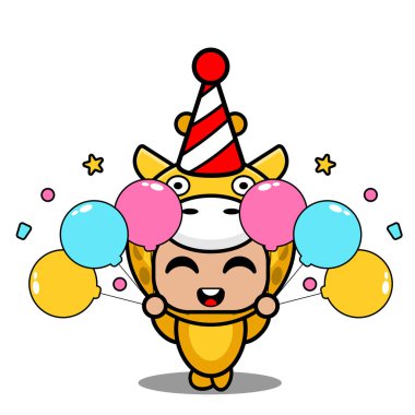 Vektör çizgi film karakteri maskotu kostümü elinde doğum günü balonu tutan sevimli hayvan zürafası