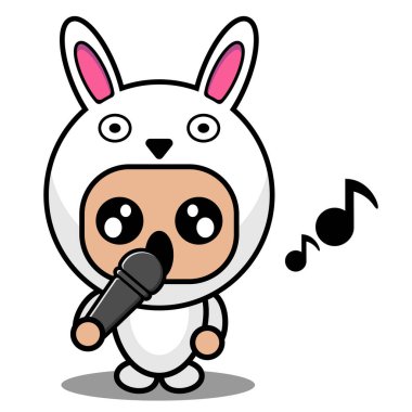 Çizgi film karakterinin vektör çizimi sevimli tavşan hayvan maskotu kostümü şarkı söylüyor