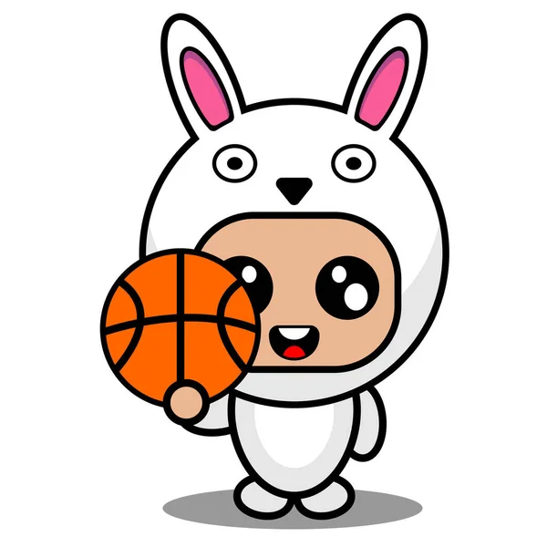 Vector Cartoon Character Cute Bunny Animal Mascot Costume Playing Basketball — Stock Vector