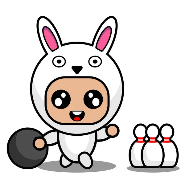 ベクトル漫画キャラクターかわいいウサギの動物のマスコットの衣装ボウリングをプレイ ロイヤリティフリーのストックイラスト