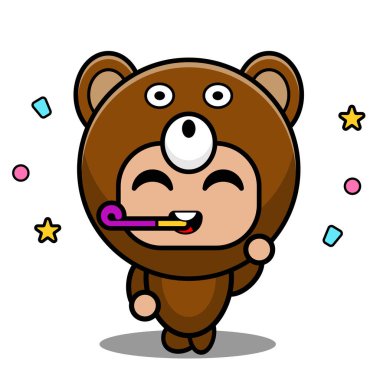 Vektör çizgi film karakteri şirin ayı hayvan maskotu kostümü doğum günü düdüğünü çalıyor.