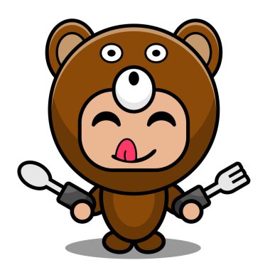 vektör çizgi film karakteri şirin ayı maskot kostümü kaşık ve çatal tutuyor.