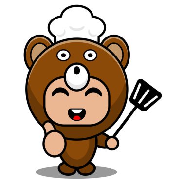 Vektör çizgi film karakteri şirin ayı maskot kostümü, şef şapkası takıyor ve elinde spatula tutuyor.