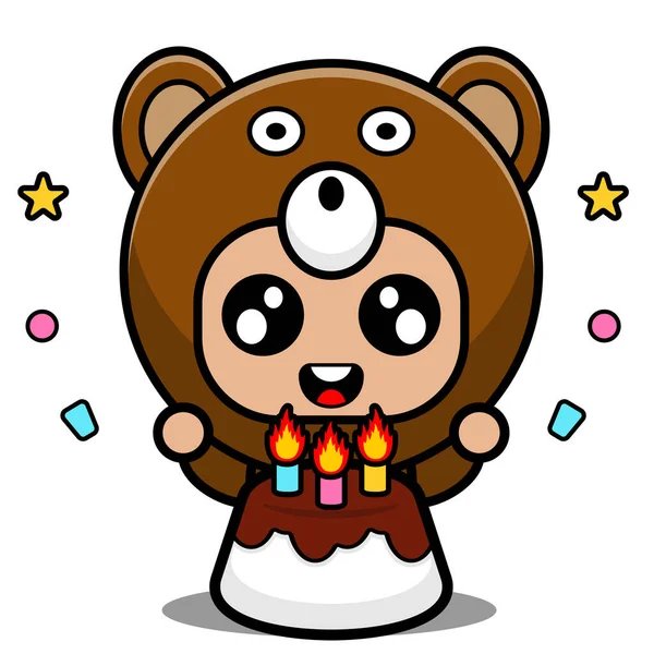 ベクトル漫画のキャラクターかわいいクマ動物マスコットの衣装と誕生日ケーキ — ストックベクタ