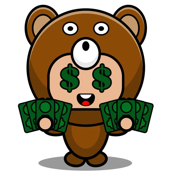 矢量卡通人物可爱熊动物吉祥物服装手持钞票 — 图库矢量图片
