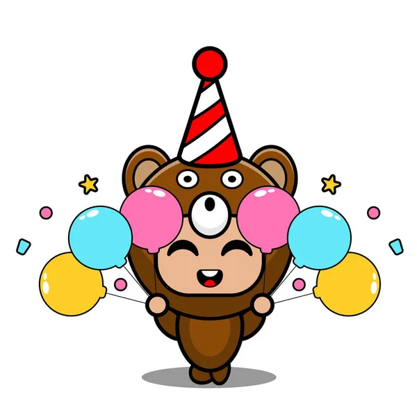 ベクトル漫画キャラクターかわいいクマ動物マスコットコスチューム誕生日風船を保持 — ストックベクタ