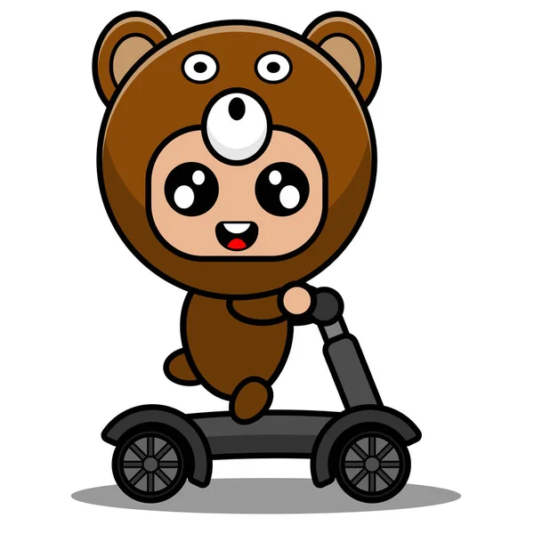 Vector Cartoon Character Cute Bear Animal Mascot Costume Riding Scooter — Stock Vector