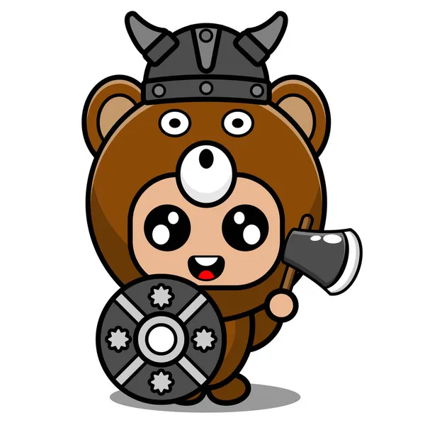 Vector Cartoon Personagem Mascote Traje Animal Bonito Urso Viking Segurando —  Vetores de Stock