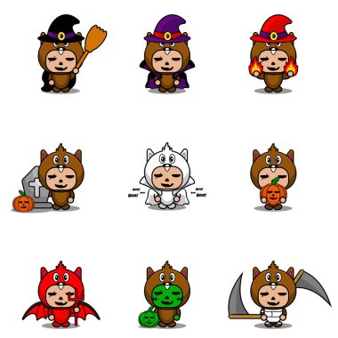 Vektör çizgi film karakteri şirin hayvan maskotu kostümlü kunduz cadılar bayramı paketi