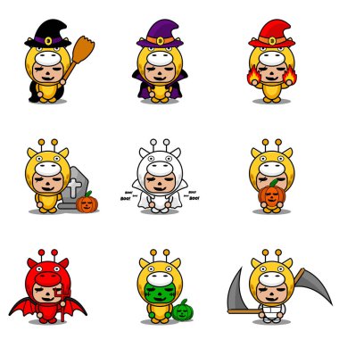 Vektör çizgi film karakteri şirin zürafa hayvan maskotu kostümü Cadılar Bayramı paketi