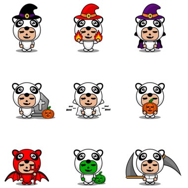 Vektör çizgi film karakteri şirin panda hayvan maskotu Cadılar Bayramı kostümü.