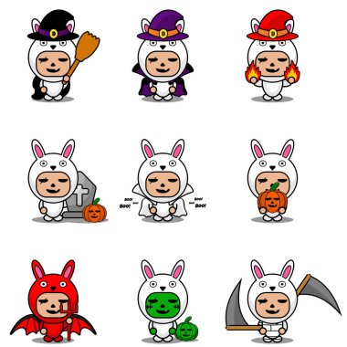 Vektör çizgi film karakteri şirin tavşan hayvan maskotu Cadılar Bayramı kostümü.