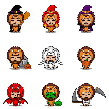 Vektör çizgi film karakteri şirin aslan hayvan maskotu Cadılar Bayramı kostümü.