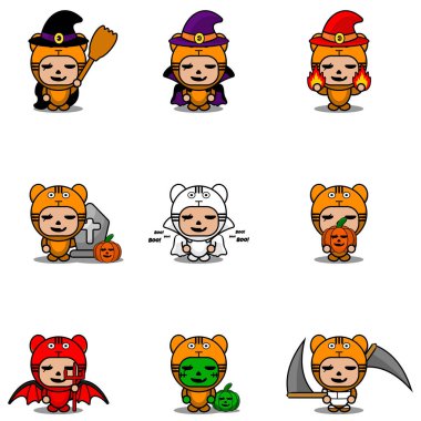 Vektör çizgi film karakteri şirin kaplan hayvan maskotu kostümü. Cadılar bayramı paketi.