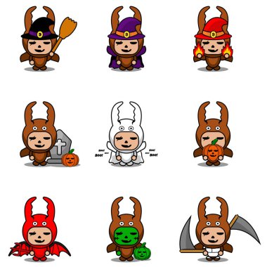 Vektör çizgi film karakteri şirin dövüş böceği hayvan maskotu kostümü. Cadılar bayramı paketi.