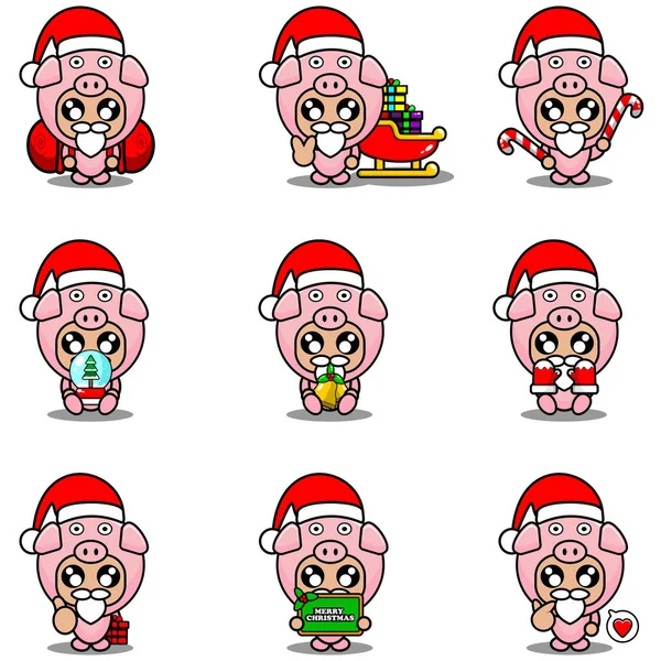 Ensemble Costume Mascotte Porc Faisceau Noël — Image vectorielle