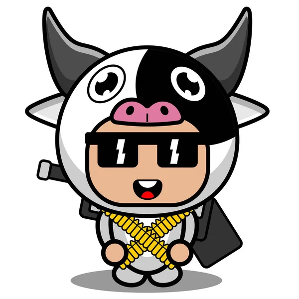 矢量卡通人物可爱的奶牛动物吉祥物服装枪和子弹 — 图库矢量图片