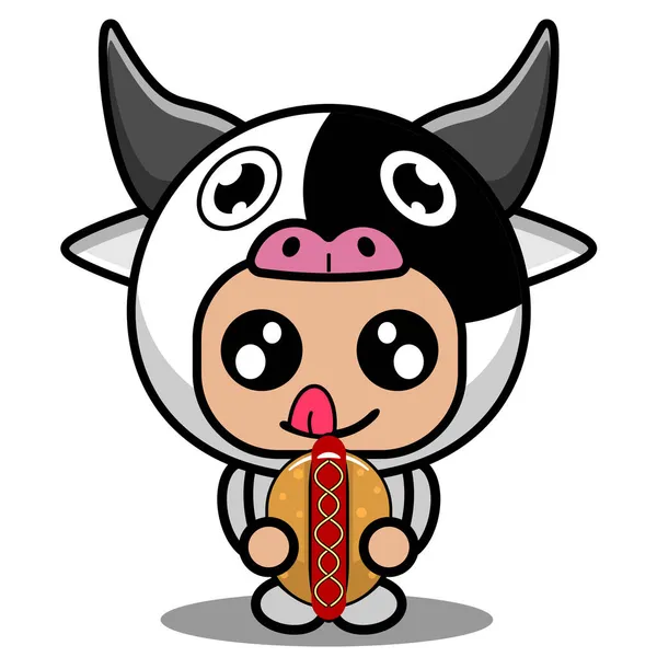 病媒卡通人物可爱奶牛吉祥物服装吃热狗 — 图库矢量图片