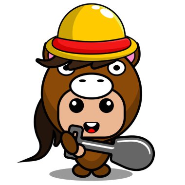 Vektör çizgi film karakteri şirin at hayvan maskotu elinde kürek tutan çiftçi.