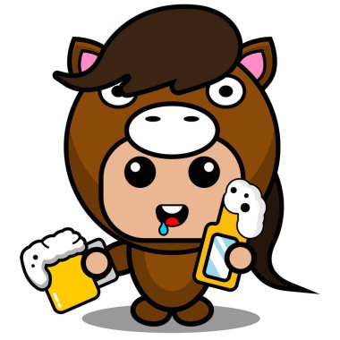 Tatlı at hayvan kostümlü maskot karakter vektörü bira şişesiyle