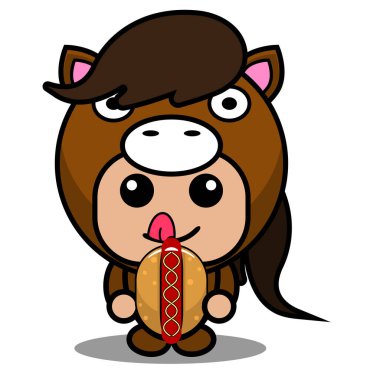 Vektör maskot çizgi film karakteri şirin at hayvan kostümü yiyor.