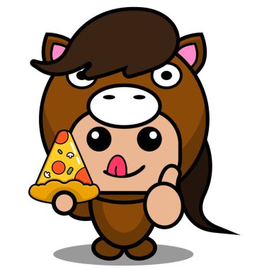 Vektör çizgi film karakteri maskot kostümlü hayvan şirin at pizza yiyor.
