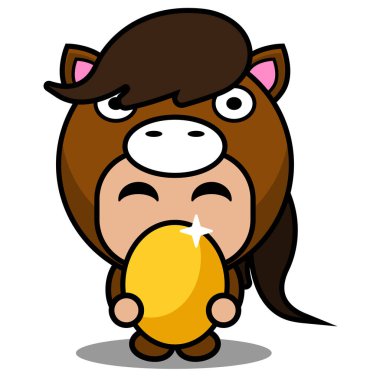 Vektör çizgi film karakteri. İçinde altın yumurta olan sevimli at maskotu kostümü.