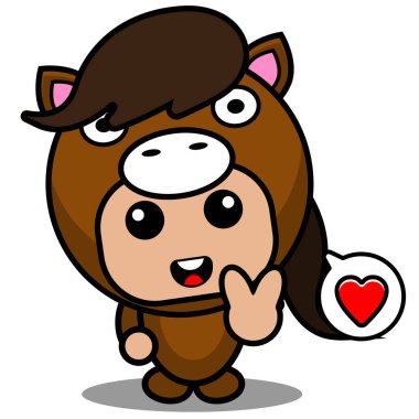 Vektör çizgi film karakteri sevimli at maskotu kostümlü barış sever el ele sohbet balonu