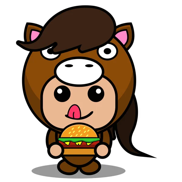 Cute Horse Animal Costume Mascot Cartoon Character Vector Eating Burger — Stock Vector