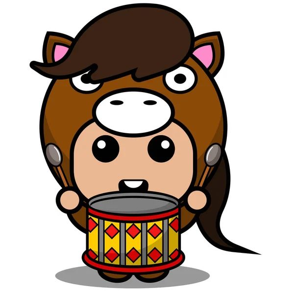 ベクトル漫画キャラクターかわいいペット馬マスコットドラムを演奏衣装 — ストックベクタ