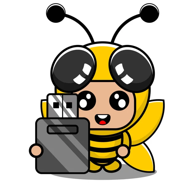 ベクター漫画キャラクターマスコット動物かわいい昆虫蜂保持フラッシュディスク — ストックベクタ