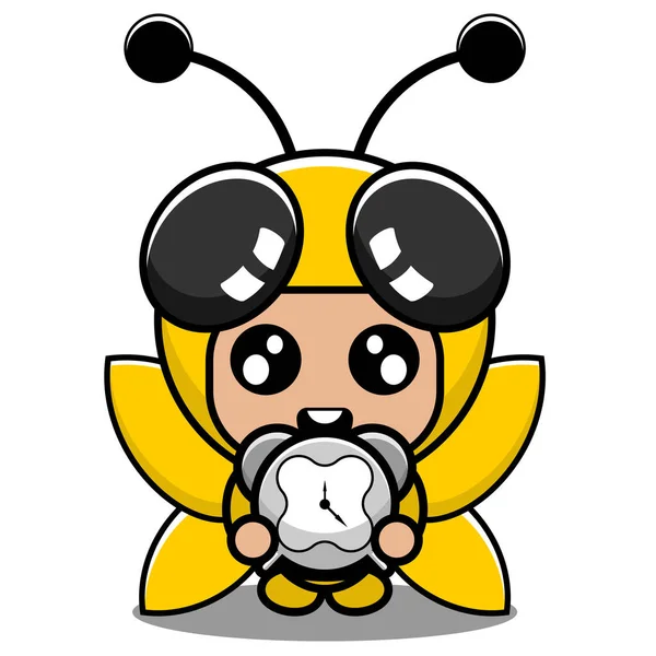 ベクトル漫画キャラクターかわいい昆虫蜂動物マスコット衣装時計を保持 — ストックベクタ