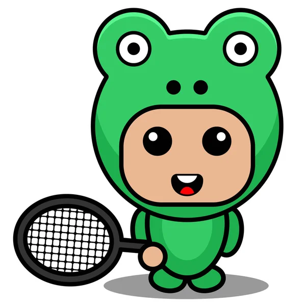 Vektor Kreslený Postava Maskot Kostým Obojživelný Zvíře Roztomilé Žába Badminton — Stockový vektor