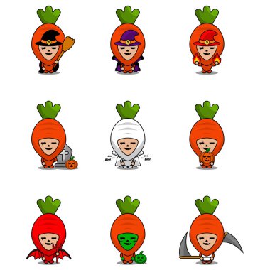 Vektör çizgi film karakteri Sebze Havuç Maskot Cadılar Bayramı Paketi