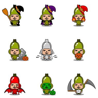 Vektör çizgi film karakteri Sebze Şoka Maskotu Cadılar Bayramı Paketi Seti