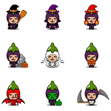 Vektör çizgi film karakteri Sebze Patlıcan Maskot Cadılar Bayramı Paketi