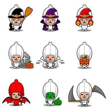 Vektör çizgi film karakteri Sebze Sarımsaklı Maskot Cadılar Bayramı Paketi